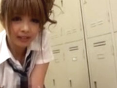 Asian school girl long nails HJ BJ in locker room