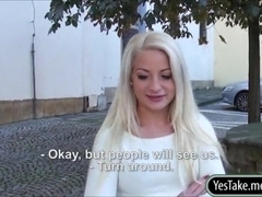 Blonde Eurobabe Anastasia flashes tits and nailed for money