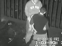 Security cam tapes a partyslut having a threesome behind the club