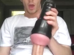 WOW Huge Cock Teen Strokes his Huge Cock With Fleshlight Till Cumshot!