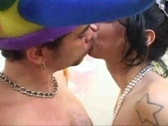 Masquerade sex with a small tited tranny
