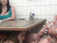 daughter gives Footjob and BJ to not her daddy Underneath the Table