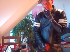Smoke and jerk off in biker leather jacket