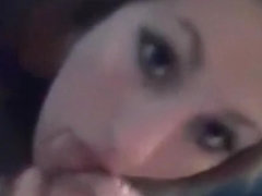 Hot brunette sucks her bf's cock and balls pov, teases with her eyes and gets a facial.