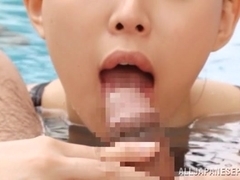 Alluring hot Asian teen Tsukasa Aoi sucks cock in the pool
