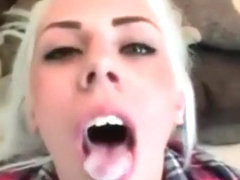 Non-Professional UK golden-haired angel plays with cum and eats it